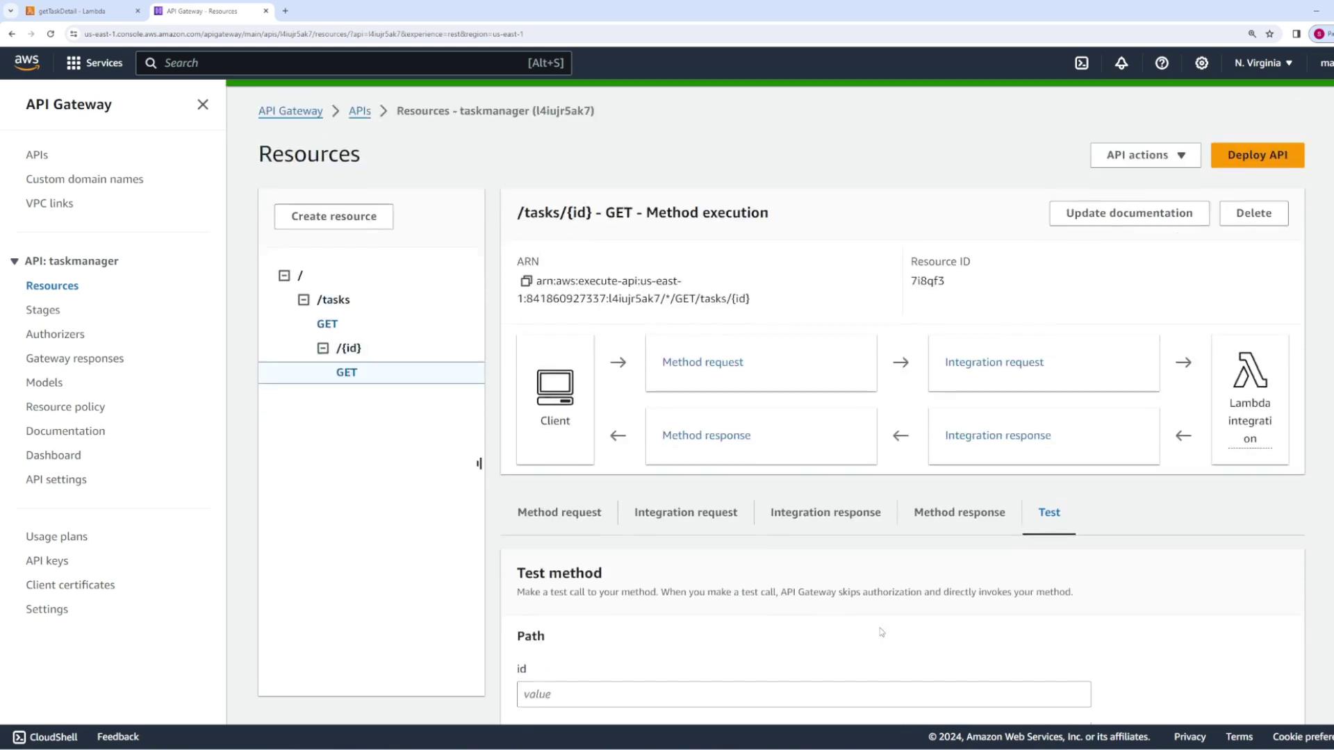 The image shows the AWS API Gateway console, specifically the method execution details for a GET request on a resource path `/tasks/{id}`. It includes sections for method request, integration request, and Lambda integration.