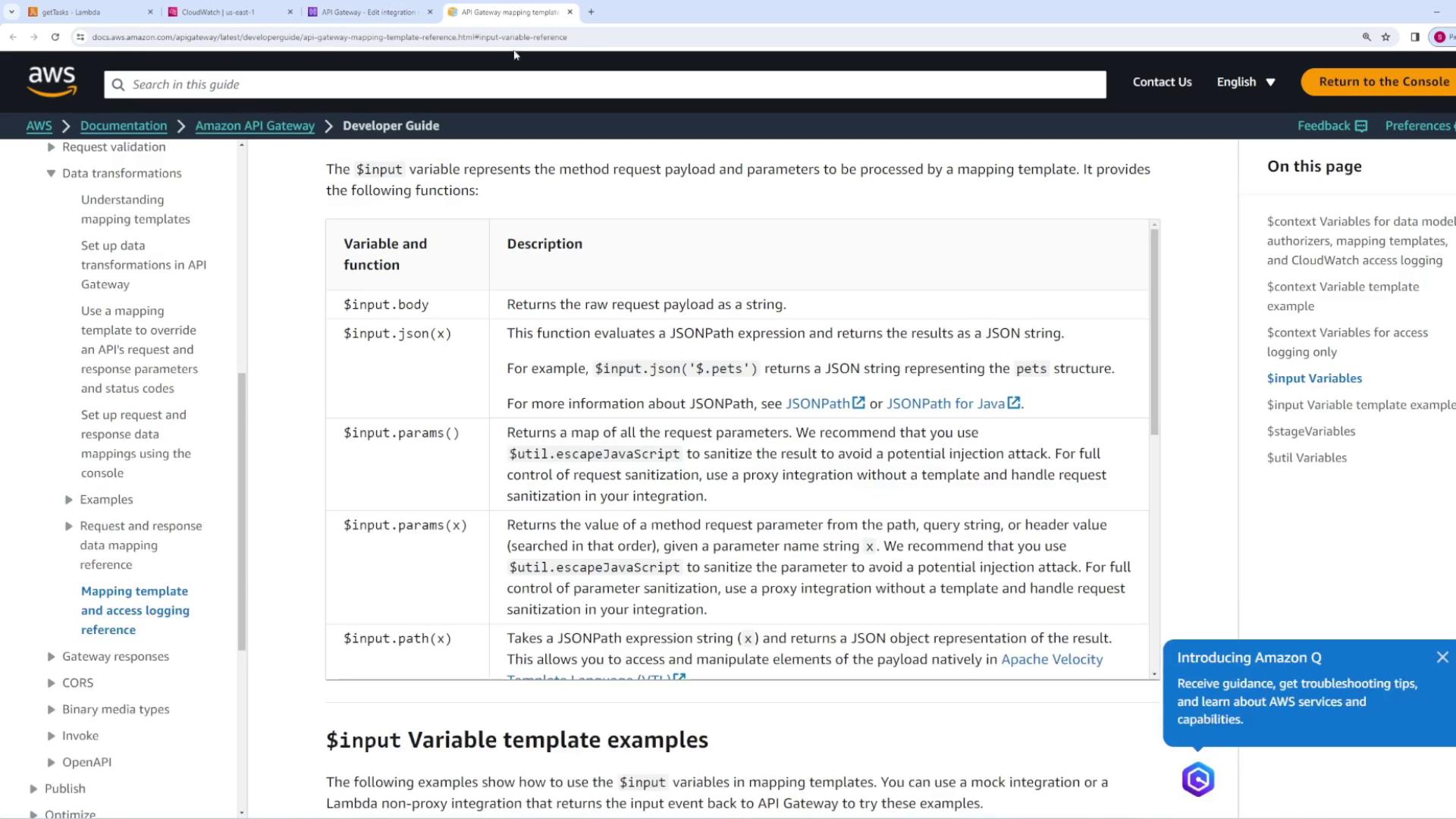 The image shows a webpage from the AWS documentation, specifically the Amazon API Gateway Developer Guide. It details the use of `$input` variables in mapping templates, with a table explaining different functions and their descriptions.