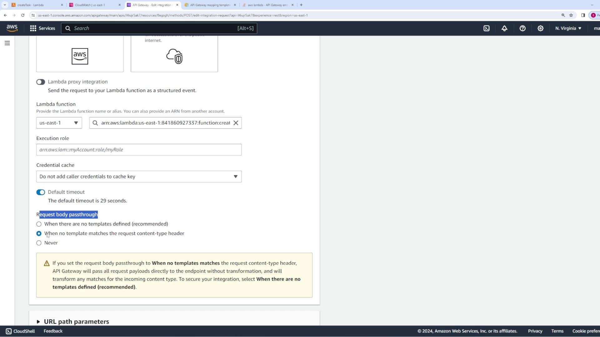 The image shows the AWS API Gateway configuration screen where a Lambda function is being set up with options for request body passthrough and execution role details.