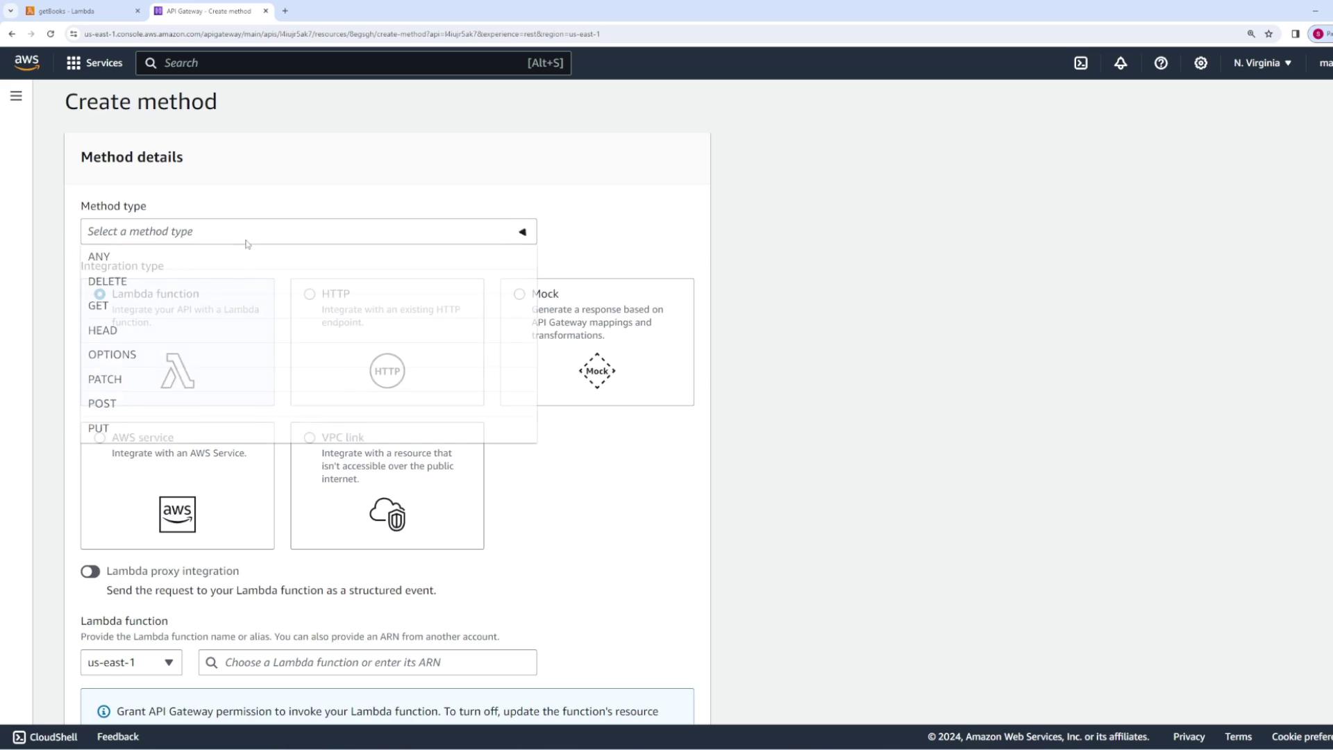 The image shows the AWS API Gateway interface for creating a method, with options for selecting method types and integration types like Lambda function and HTTP.
