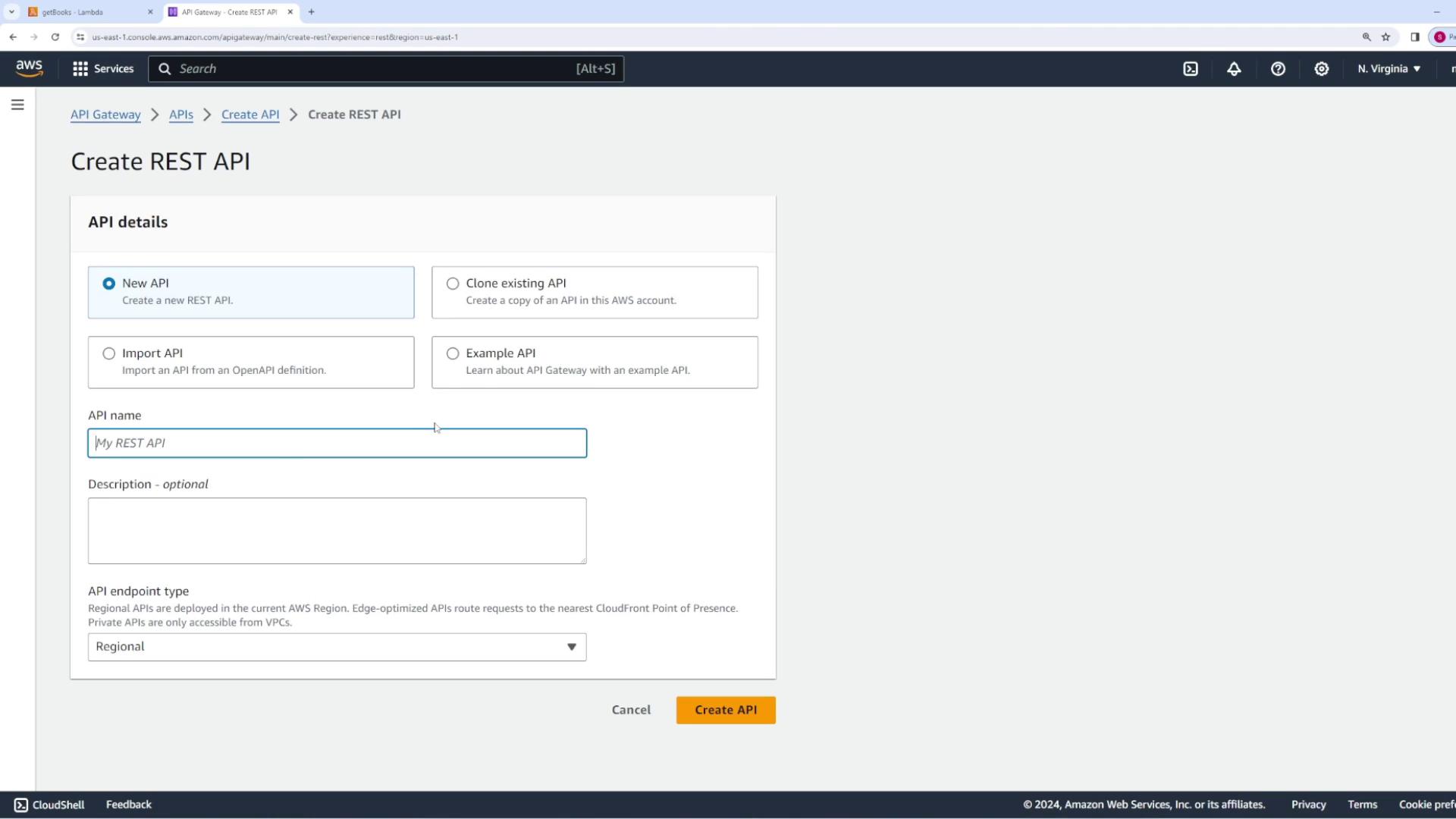 The image shows the AWS API Gateway interface for creating a REST API, with options to create a new API, clone an existing one, import an API, or use an example API. The user can enter an API name and description, and select the API endpoint type.