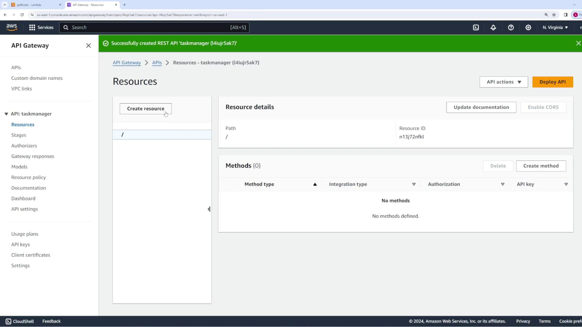 The image shows the AWS API Gateway console, specifically the "Resources" section for a REST API named "taskmanager," with options to create resources and methods.