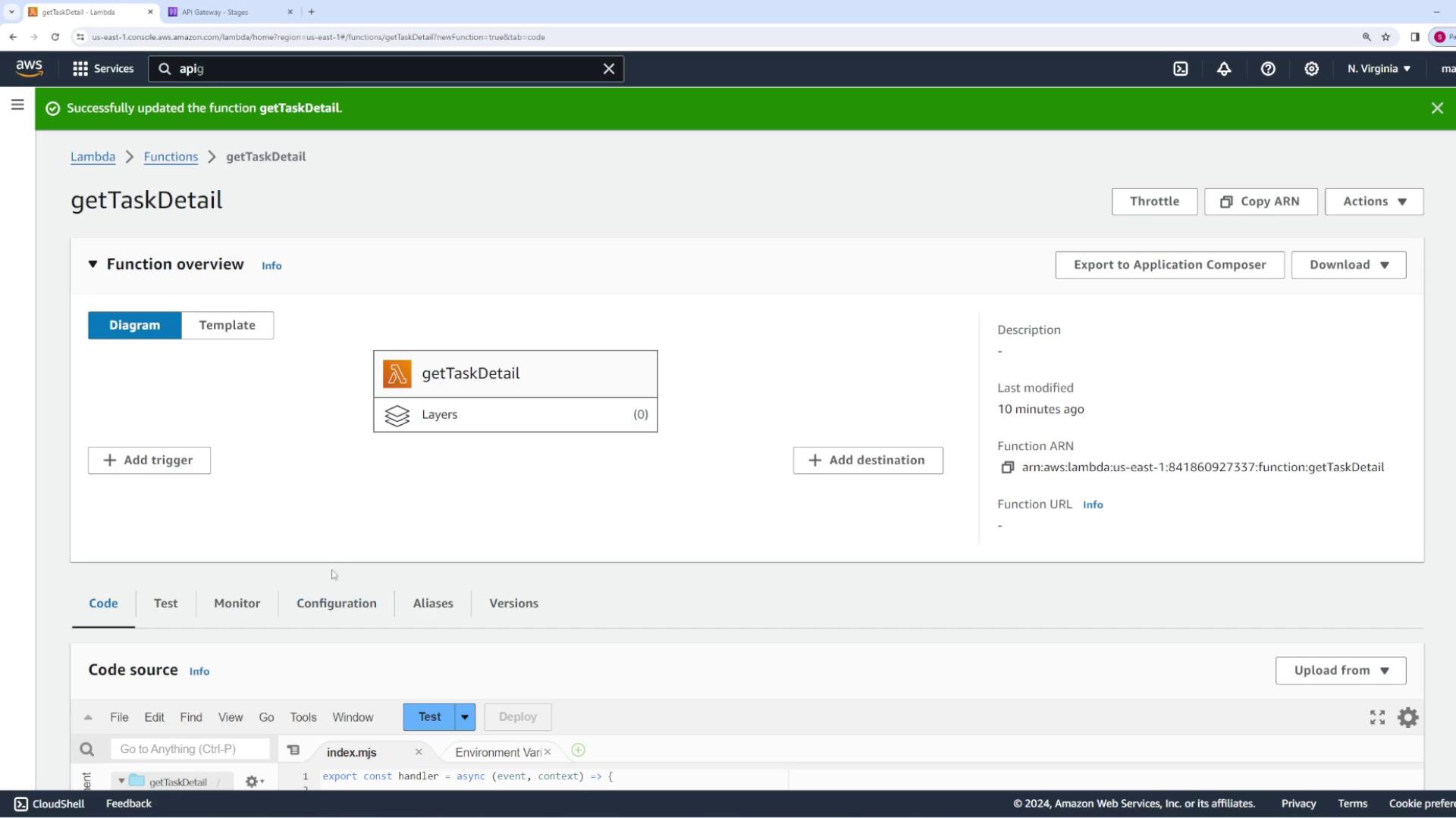 The image shows an AWS Lambda console with a function named "getTaskDetail" displayed. It includes options for adding triggers, destinations, and viewing code, along with details like the function ARN.