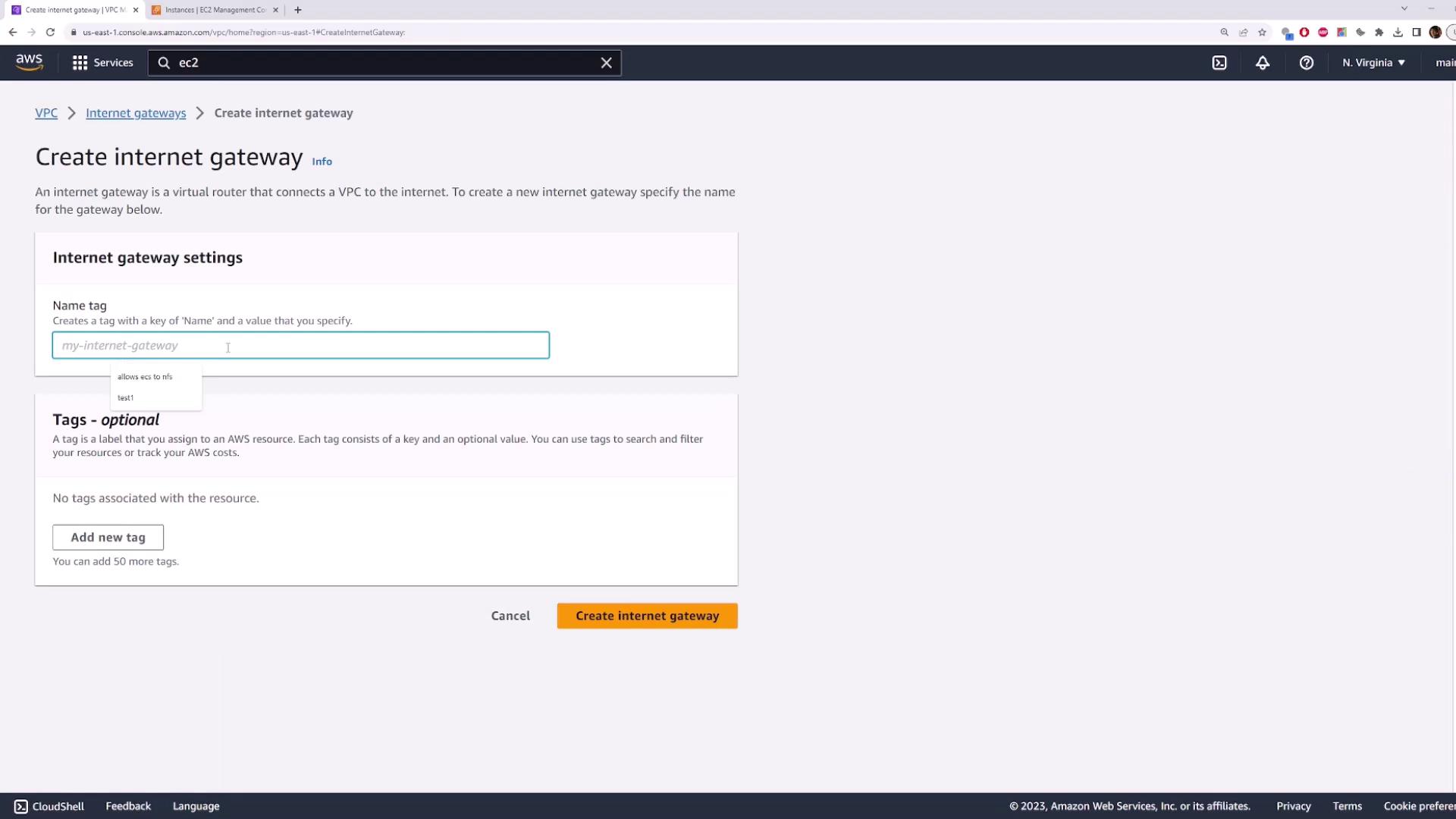The image shows an AWS console page for creating an internet gateway, with fields for entering a name tag and optional tags.
