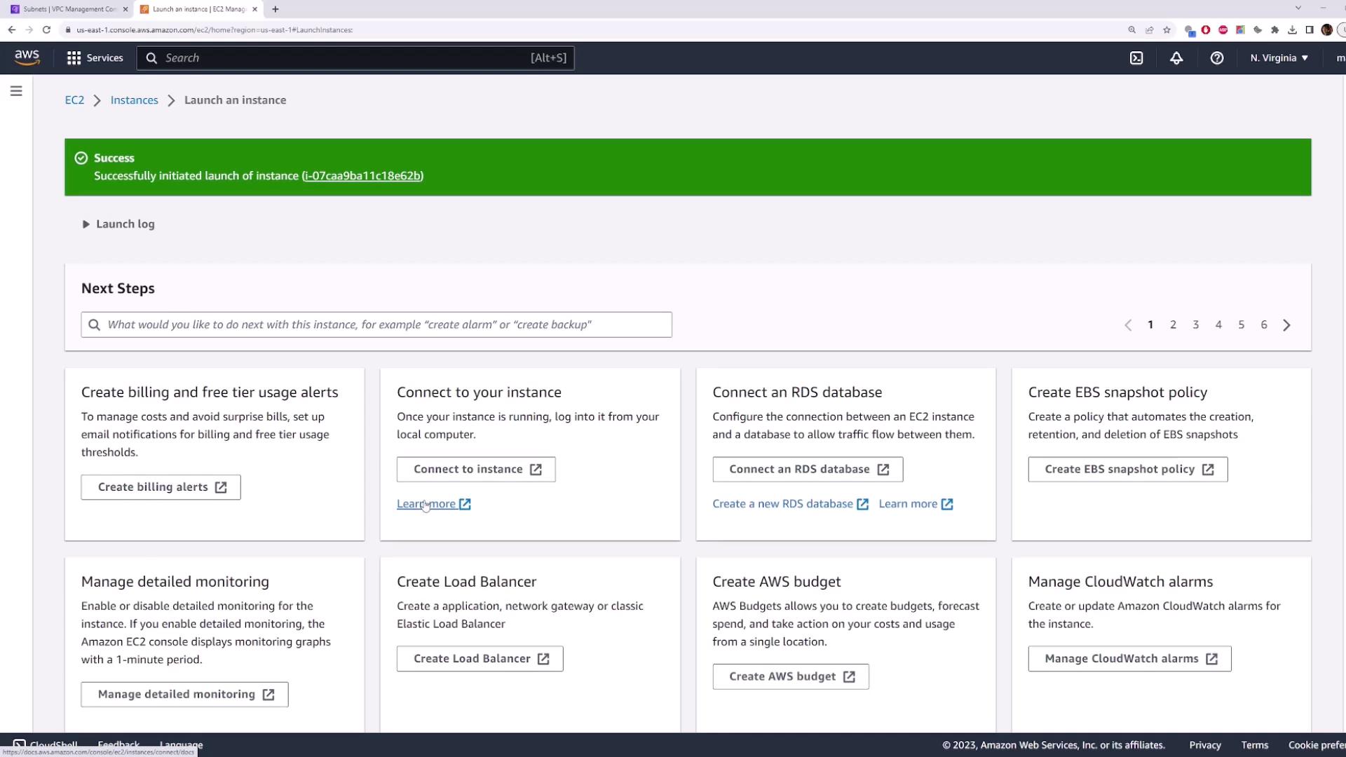 The image shows an AWS EC2 management console with a success message indicating the launch of an instance, along with various next step options like creating billing alerts and connecting to the instance.