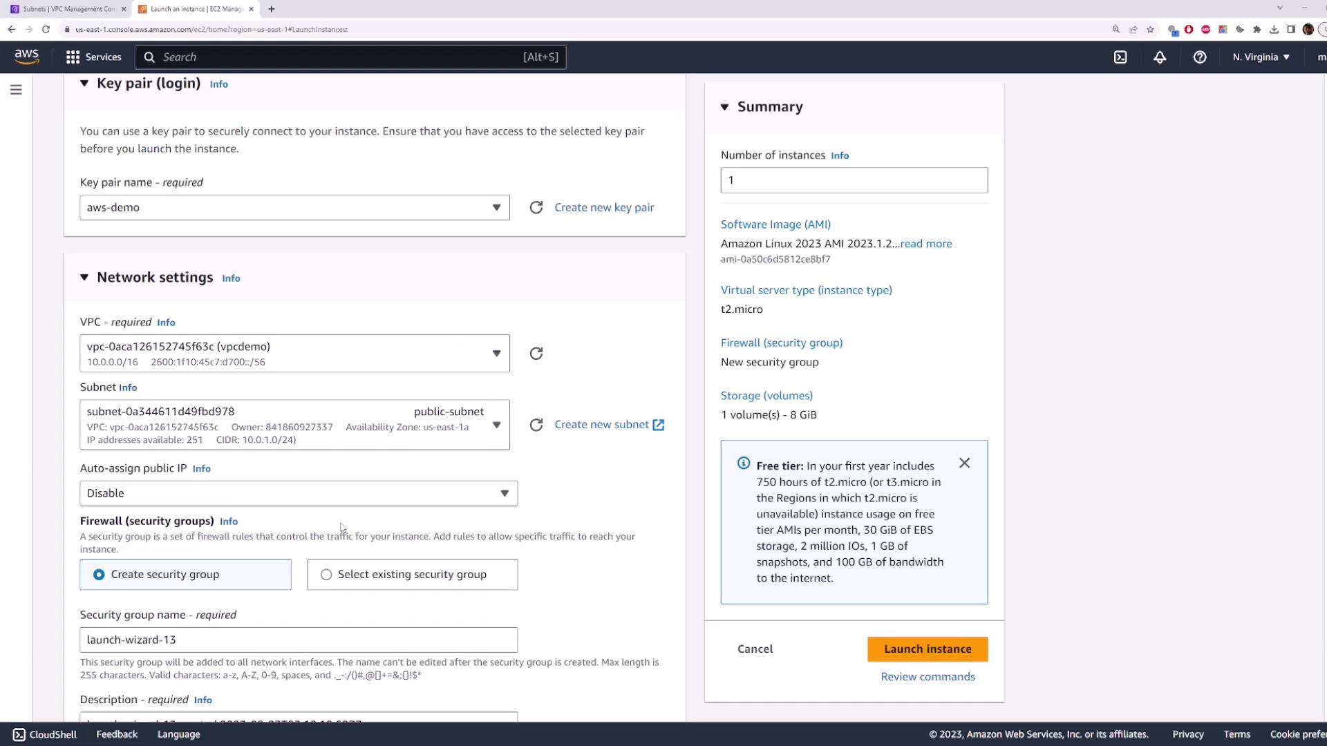 This image shows the AWS EC2 instance launch configuration page, detailing key pair, network settings, and a summary of the instance specifications.