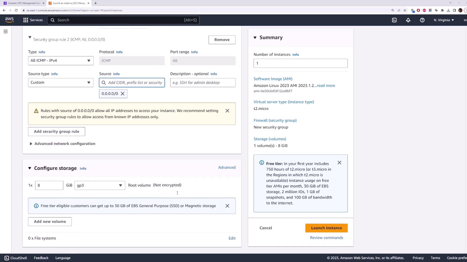 The image shows an AWS EC2 instance launch configuration screen, detailing security group rules, storage options, and a summary of the instance settings.