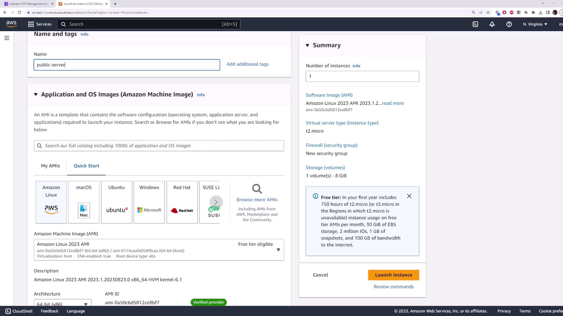 The image shows an AWS EC2 instance launch configuration screen, where a user is selecting an Amazon Machine Image (AMI) and configuring instance details like the instance type and security group.
