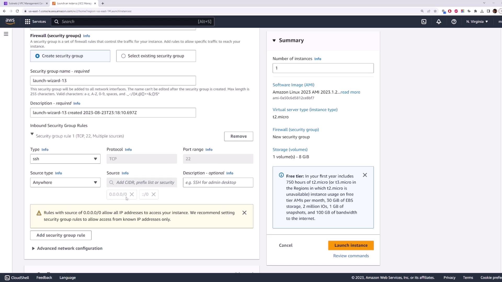 The image shows an AWS EC2 instance setup screen, detailing security group configurations and instance summary information. It includes options for creating a security group and setting inbound security rules for SSH access.