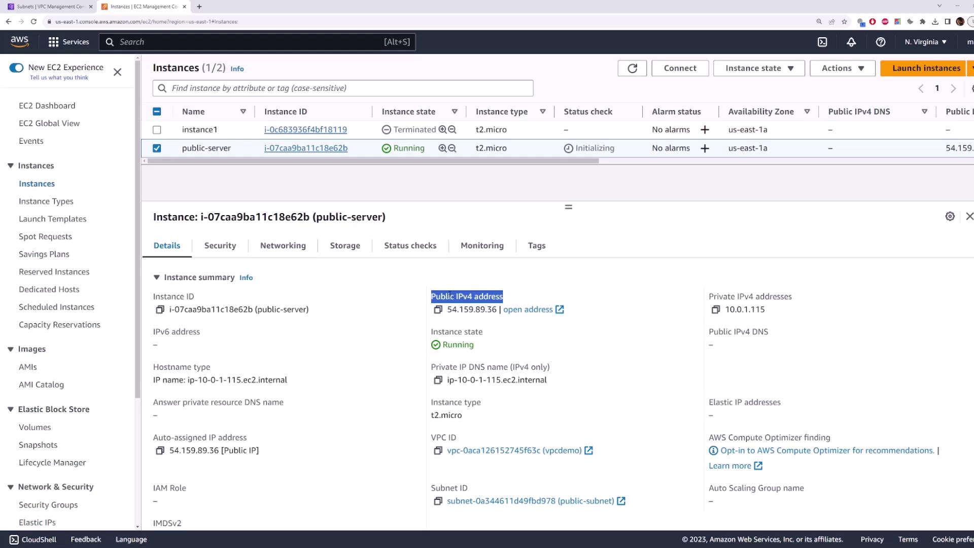 The image shows an AWS EC2 management console with details of two instances, one terminated and one running, including instance IDs, types, and public IP addresses.