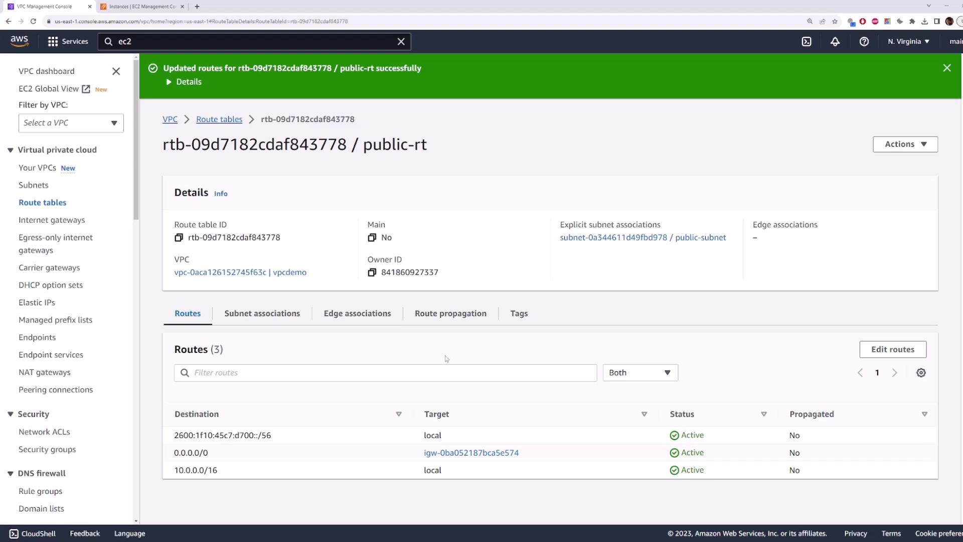 The image shows an AWS Management Console screen displaying details of a route table within a VPC, including route destinations and their statuses.