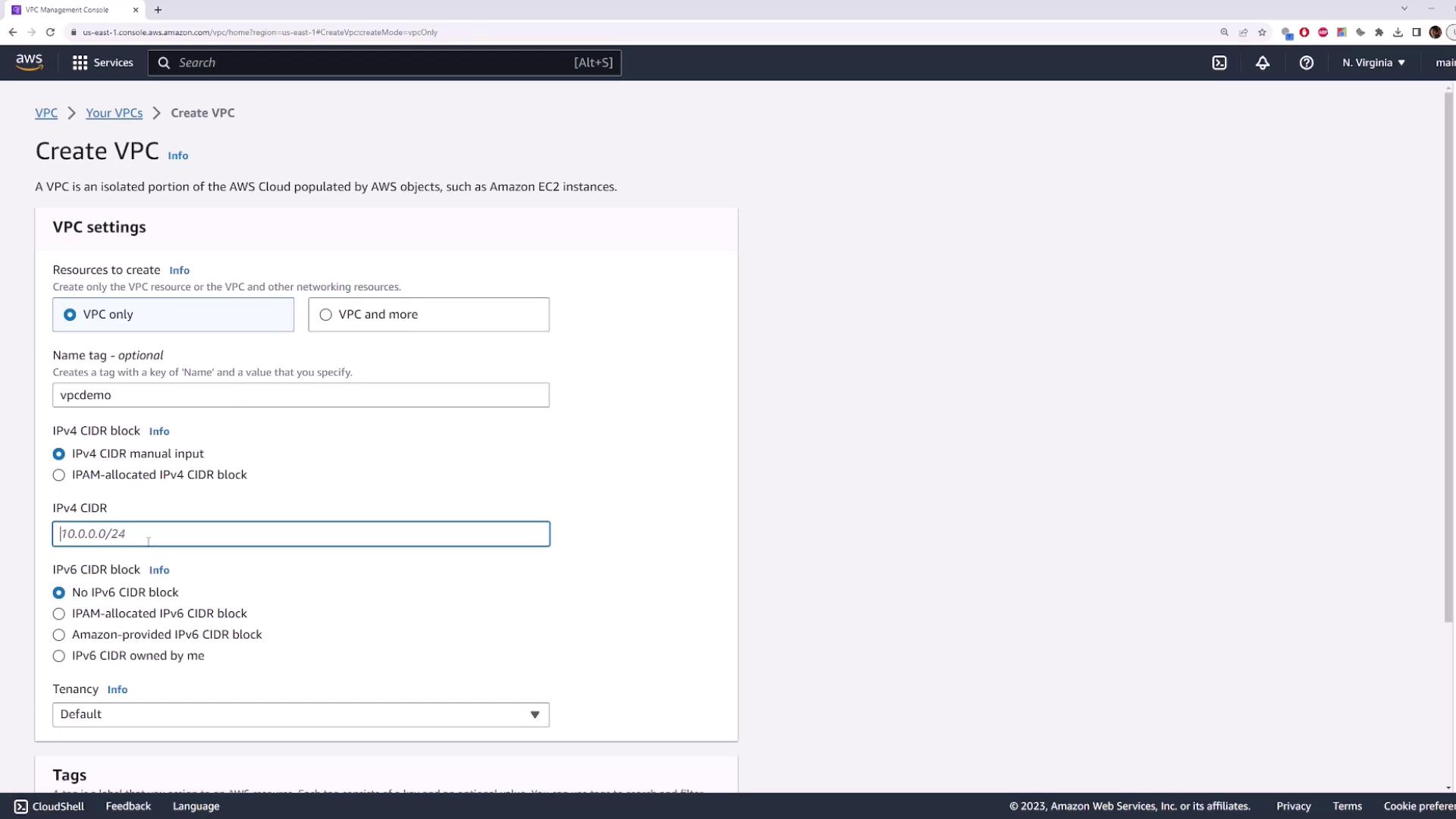The image shows the AWS Management Console interface for creating a VPC, with options to configure VPC settings such as name tag, IPv4 CIDR block, and tenancy.