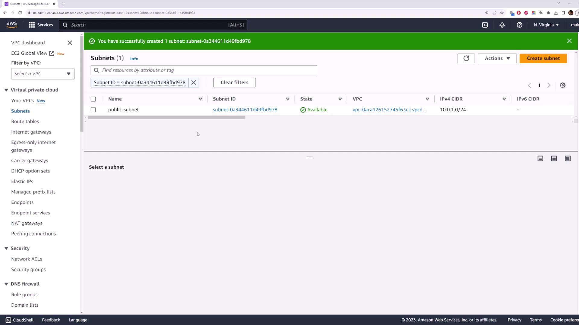 The image shows an AWS VPC Management Console screen with a notification indicating a subnet has been successfully created. The subnet is listed as "public-subnet" and is in the "Available" state.