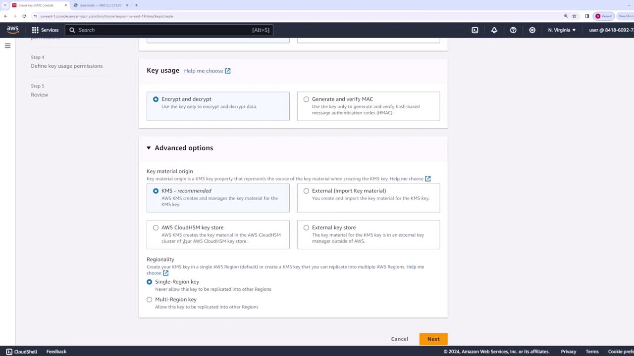 The image shows an AWS console interface for creating a key, with options for key usage and advanced options like key material origin and regionality.