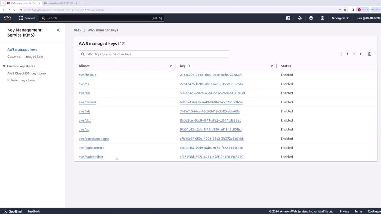 The image shows the AWS Key Management Service (KMS) console, displaying a list of AWS managed keys with their aliases, key IDs, and statuses. All keys listed are enabled.