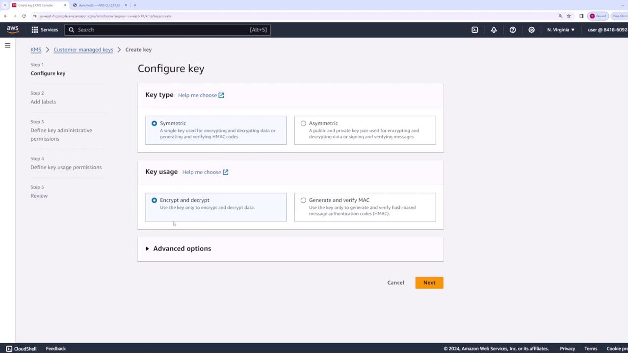 The image shows an AWS KMS (Key Management Service) interface for configuring a key, with options for selecting key type (symmetric or asymmetric) and key usage (encrypt and decrypt or generate and verify MAC).