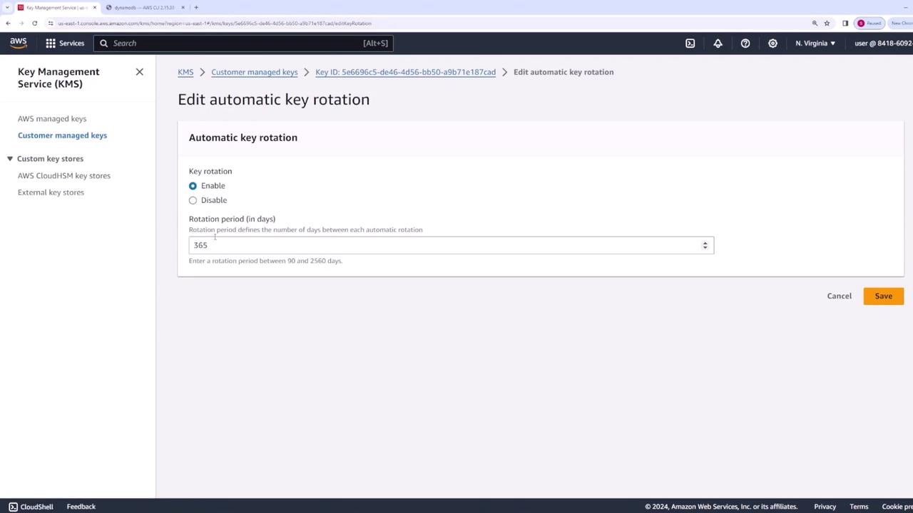 The image shows an AWS Key Management Service (KMS) interface for editing automatic key rotation settings, with options to enable or disable key rotation and set the rotation period in days.