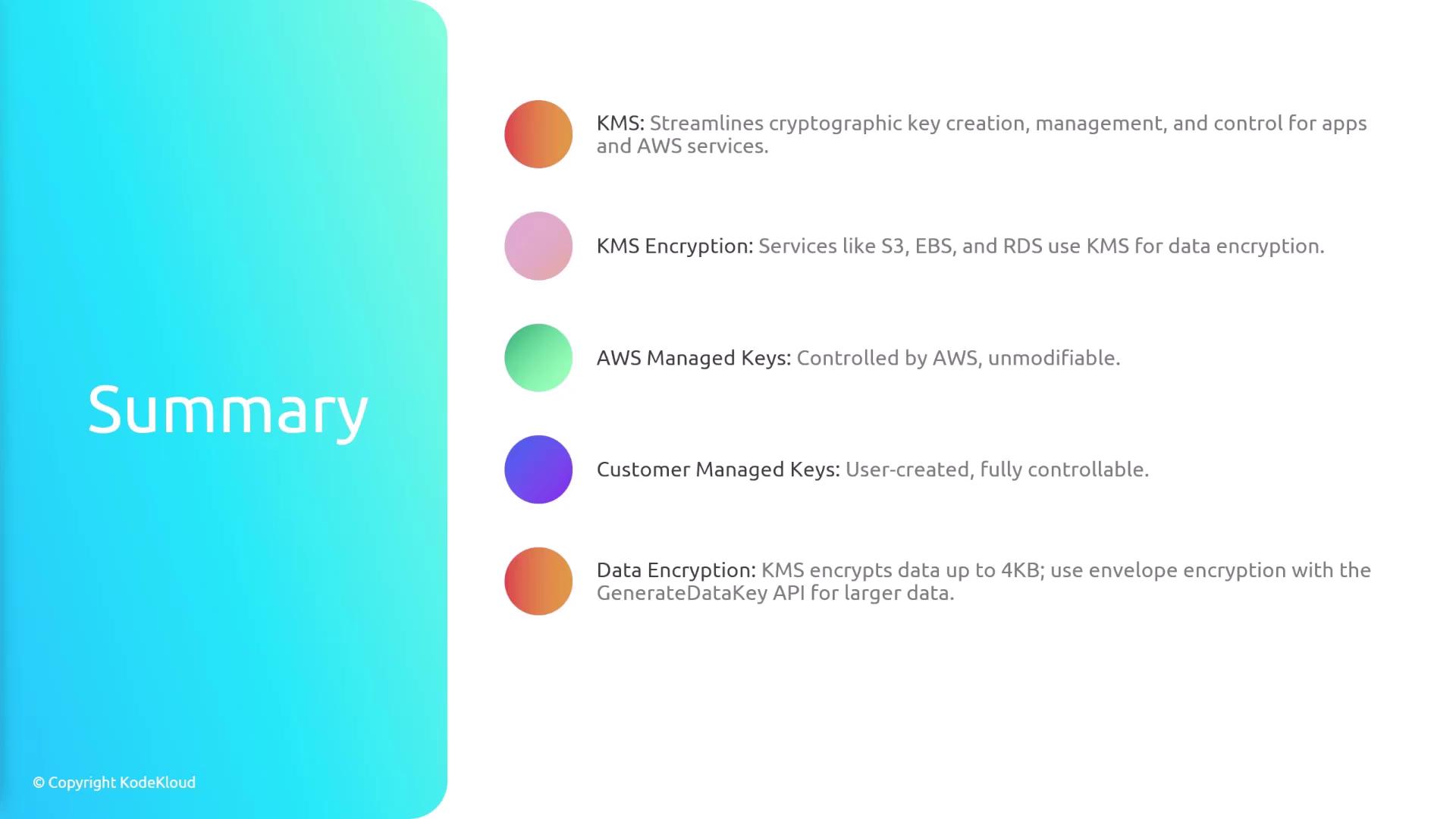 The image is a summary of AWS Key Management Service (KMS) features, including cryptographic key management, encryption services, and types of managed keys. It uses a colorful design to differentiate between various aspects of KMS.