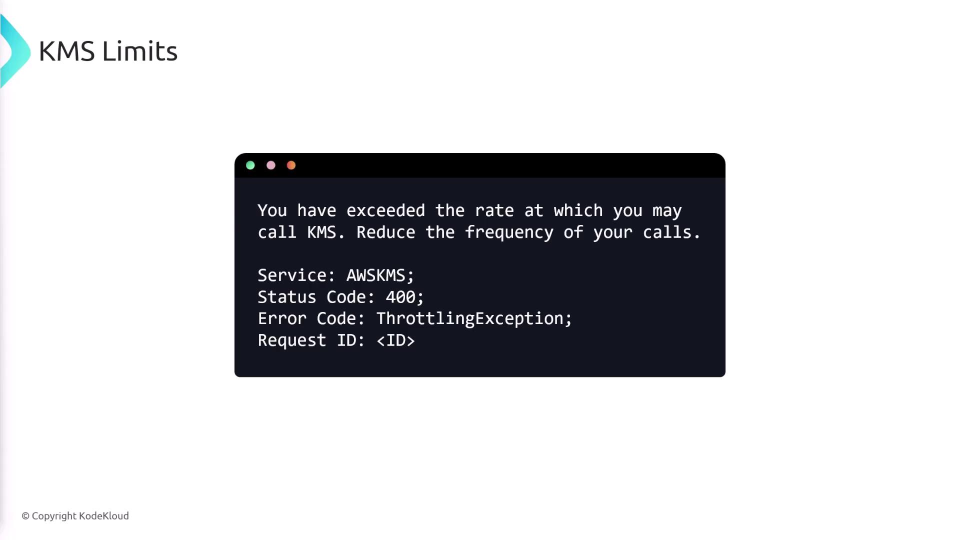 The image shows an error message indicating that the rate limit for calling AWS KMS has been exceeded, with a status code of 400 and an error code of ThrottlingException.
