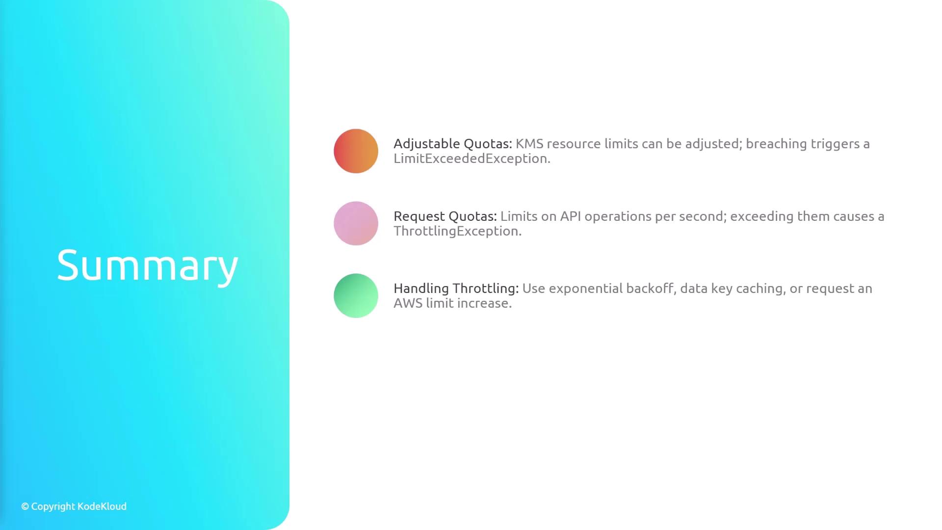 The image is a summary slide discussing adjustable quotas, request quotas, and handling throttling in AWS, with a gradient background and bullet points.