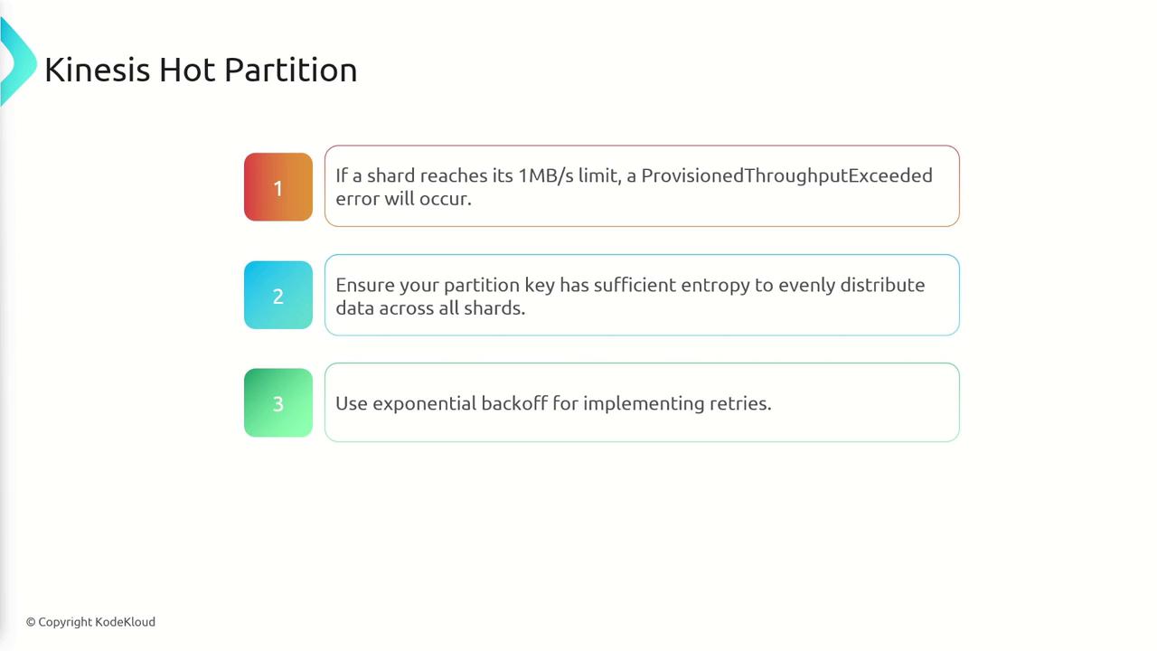 The image provides three tips for managing Kinesis hot partitions: avoiding shard limits, ensuring partition key entropy, and using exponential backoff for retries.