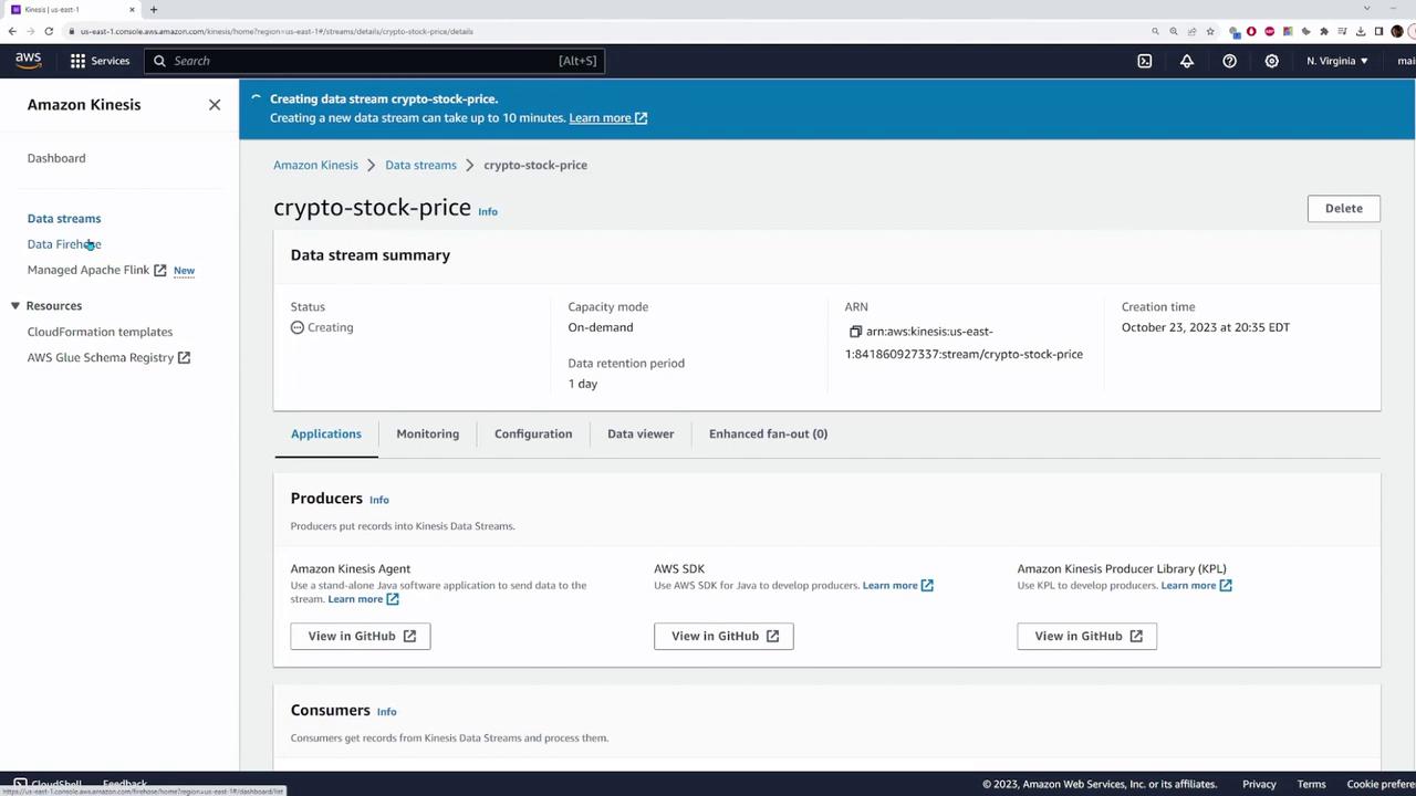 The image shows an Amazon Kinesis console screen where a data stream named "crypto-stock-price" is being created. It displays details like status, capacity mode, ARN, and creation time, along with options for producers and consumers.