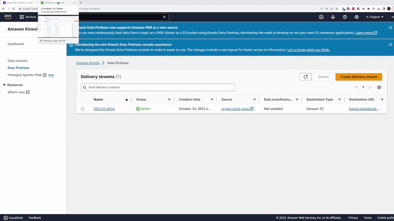 The image shows an Amazon Kinesis Data Firehose console with one active delivery stream named "KDS-S3-d4TxI," which is set to deliver data to an Amazon S3 destination.