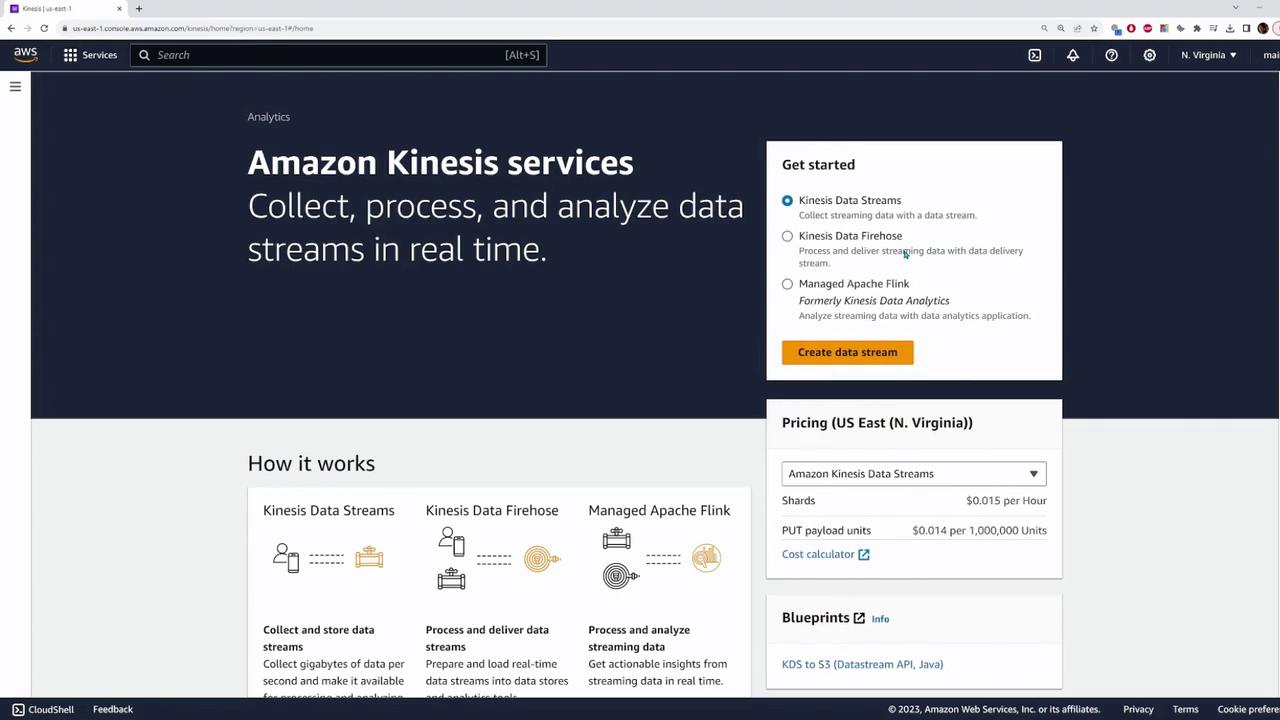 The image shows the Amazon Kinesis services webpage, highlighting options for collecting, processing, and analyzing data streams in real time, with a section for getting started and pricing details.