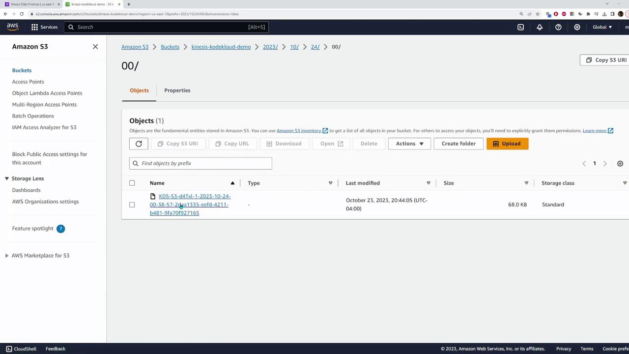 The image shows an Amazon S3 bucket interface with a list of objects, including one file named "KDS-S3-d4Txl-1-2023-10-24-00-38-57-2d4a1335-eefd-4211-b481-9fa70f927165" that was last modified on October 23, 2023.