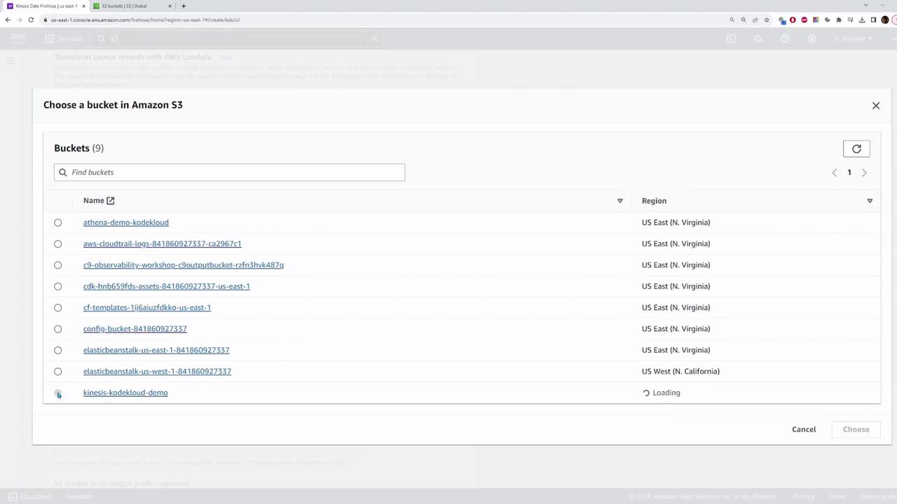 The image shows an Amazon S3 console interface with a list of buckets, each with a name and region, allowing the user to choose one.