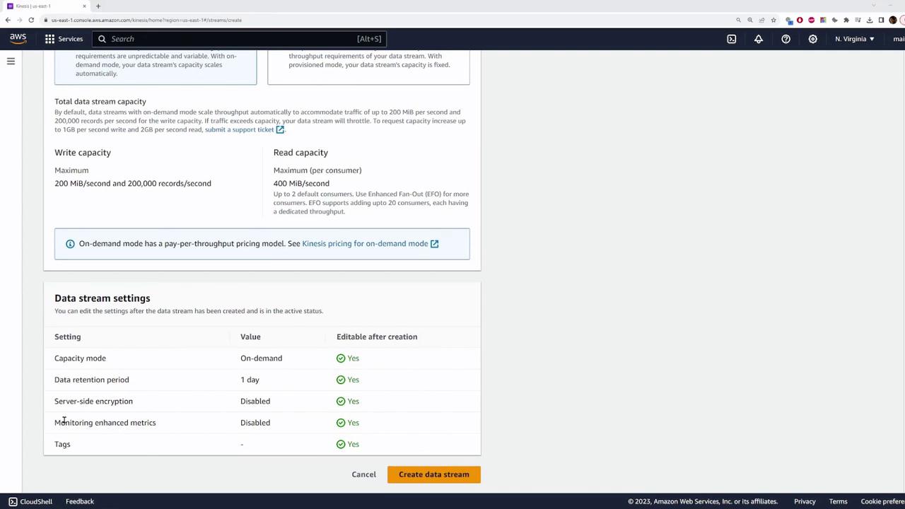 The image shows an AWS Kinesis console screen where a user is configuring data stream settings, including capacity mode, data retention, and encryption options. The "Create data stream" button is visible at the bottom.