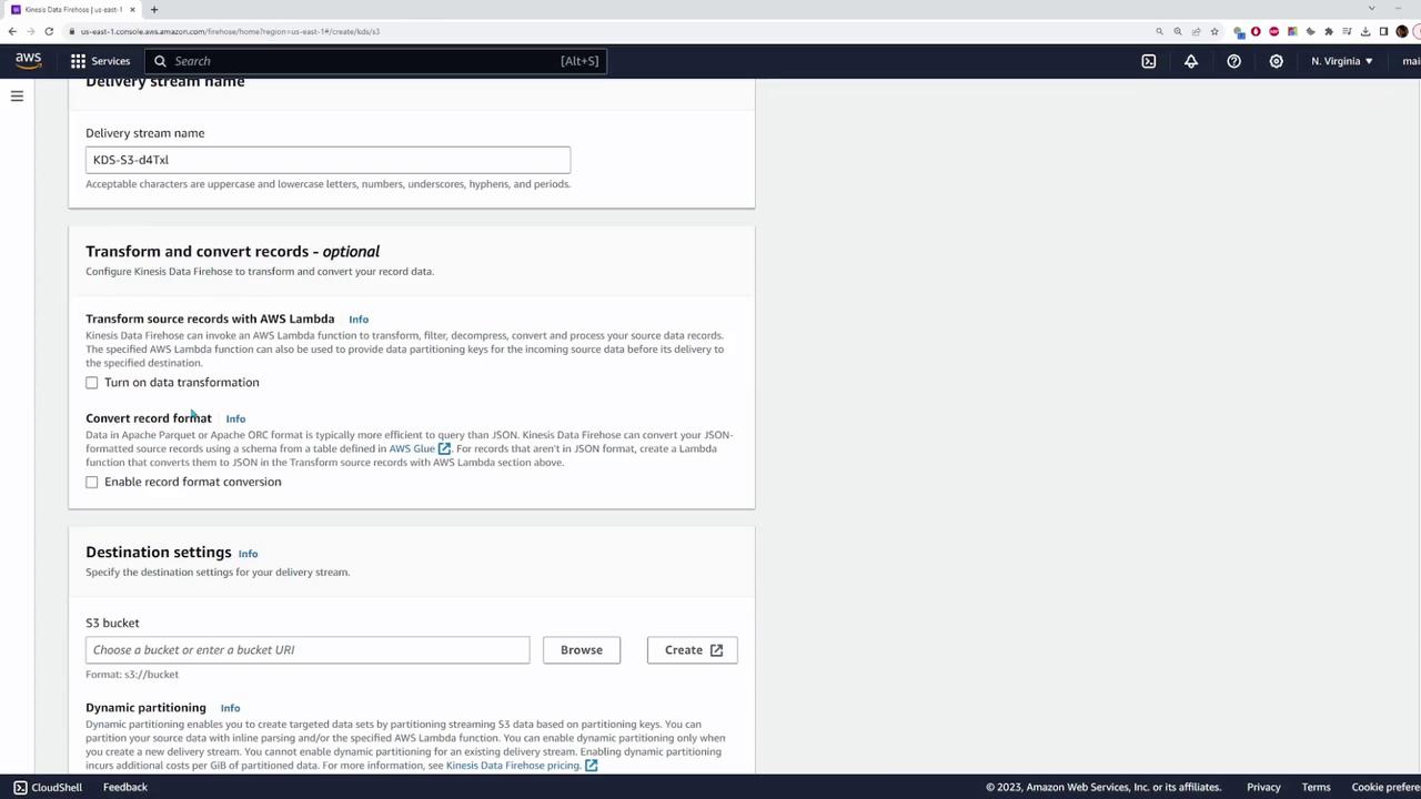 The image shows an AWS Kinesis Data Firehose configuration page, where users can set a delivery stream name, transform and convert records, and specify destination settings like an S3 bucket.