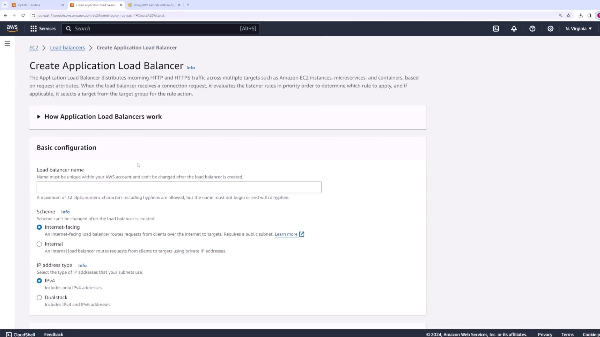 The image shows a webpage from the AWS Management Console for creating an Application Load Balancer, with options for basic configuration such as load balancer name, scheme, and IP address type.