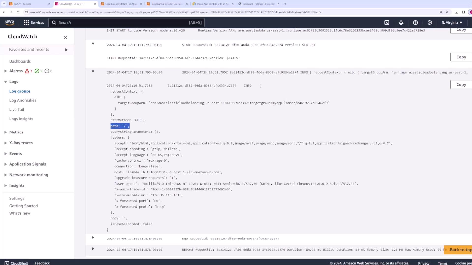The image shows an AWS CloudWatch interface displaying log details for a Lambda function, including request context, HTTP method, headers, and other metadata.