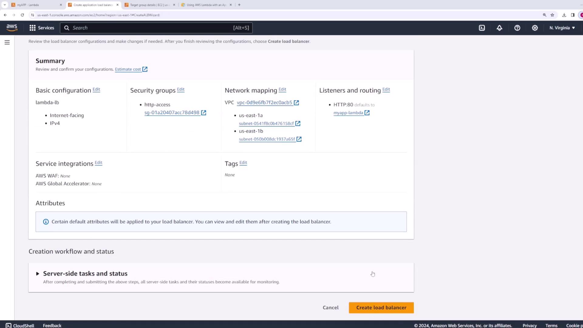 The image shows an AWS console page for creating an application load balancer, displaying configuration details such as security groups, network mapping, and listeners.