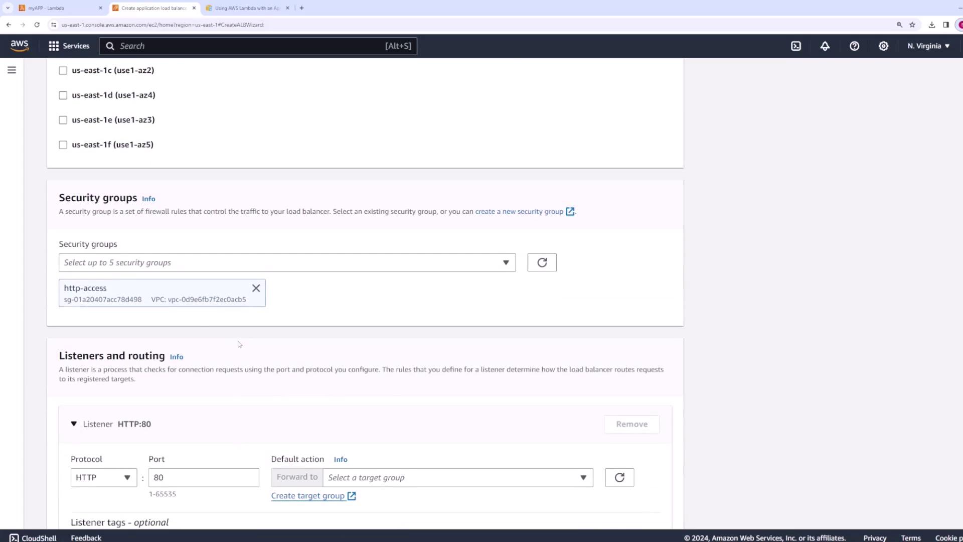 The image shows an AWS console interface for configuring an application load balancer, including settings for security groups and listener routing.