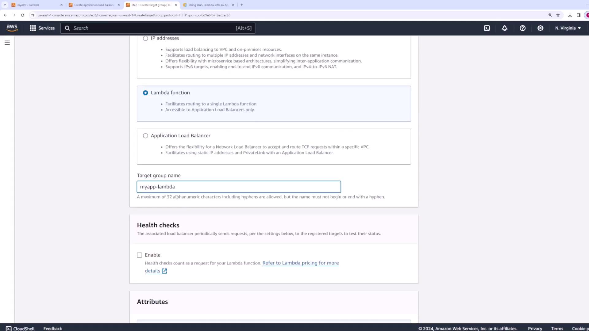 The image shows an AWS console screen where a user is configuring a target group for a Lambda function, with options for load balancing and health checks.