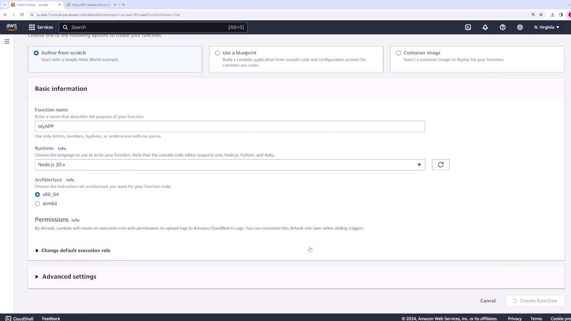 The image shows the AWS Lambda console where a new function is being created. It includes options for setting the function name, runtime, architecture, and permissions.