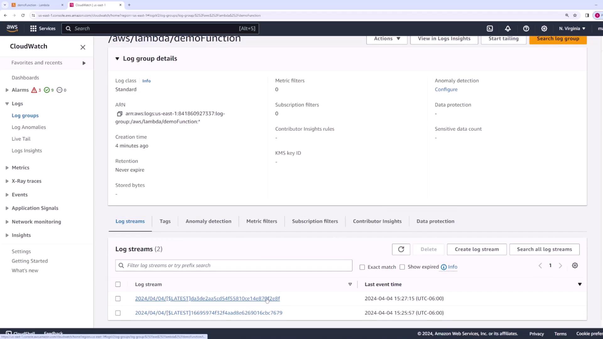 The image shows an AWS CloudWatch interface displaying log group details for a Lambda function, including log streams and various configuration options.