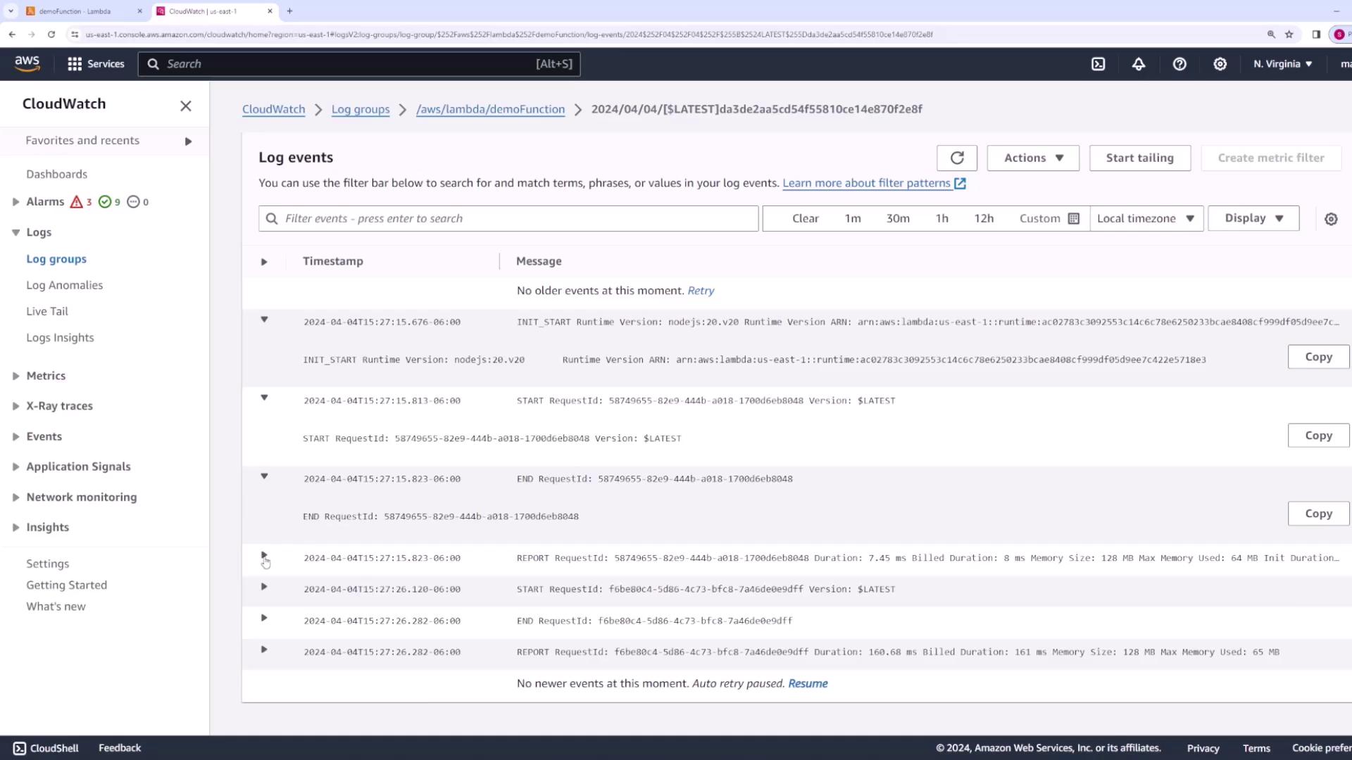 The image shows an AWS CloudWatch interface displaying log events for a Lambda function, including timestamps and messages related to function execution.