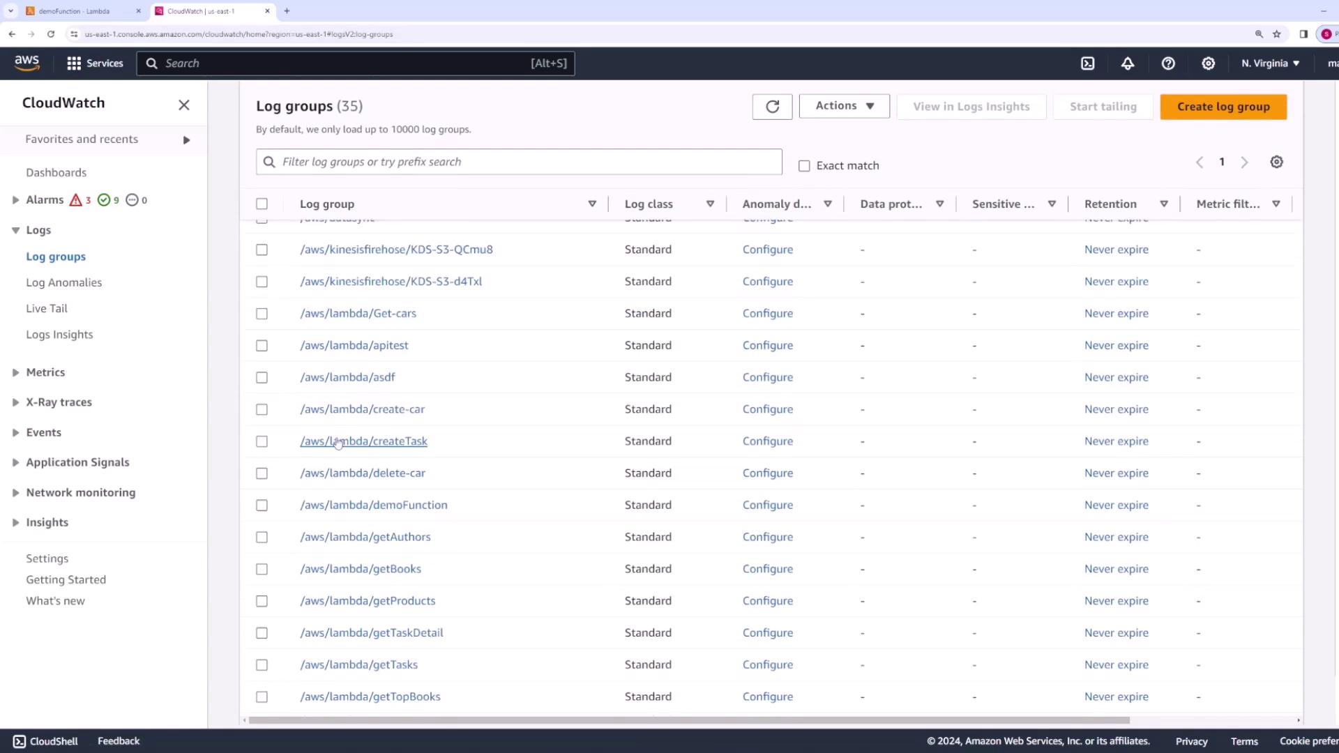 The image shows an AWS CloudWatch interface displaying log groups, each with options for configuration and retention settings.