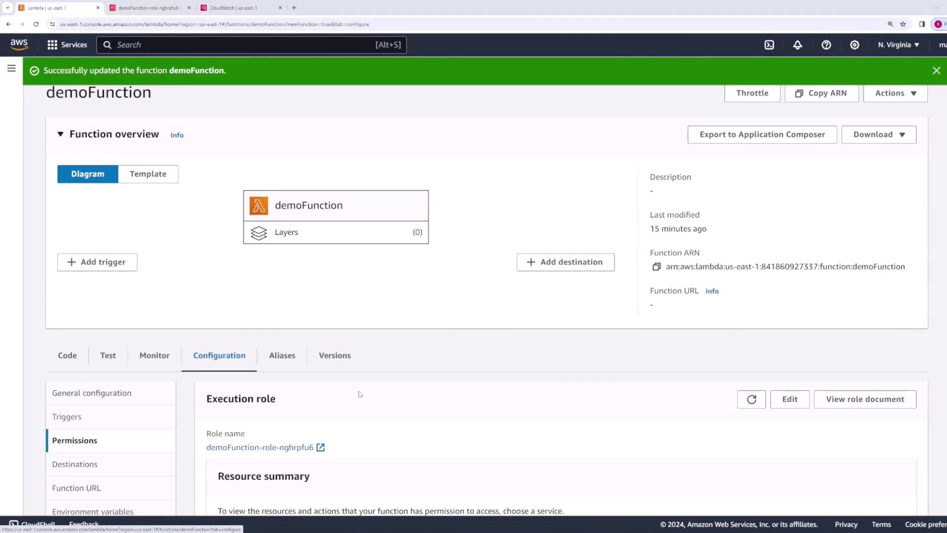 The image shows the AWS Lambda console with details of a function named "demoFunction," including its configuration and execution role.