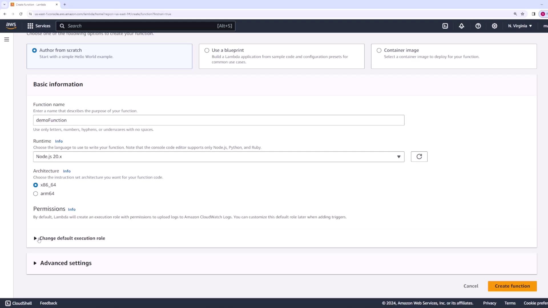 The image shows the AWS Lambda console where a user is creating a new function named "demoFunction" with Node.js 20.x as the runtime and x86_64 architecture.