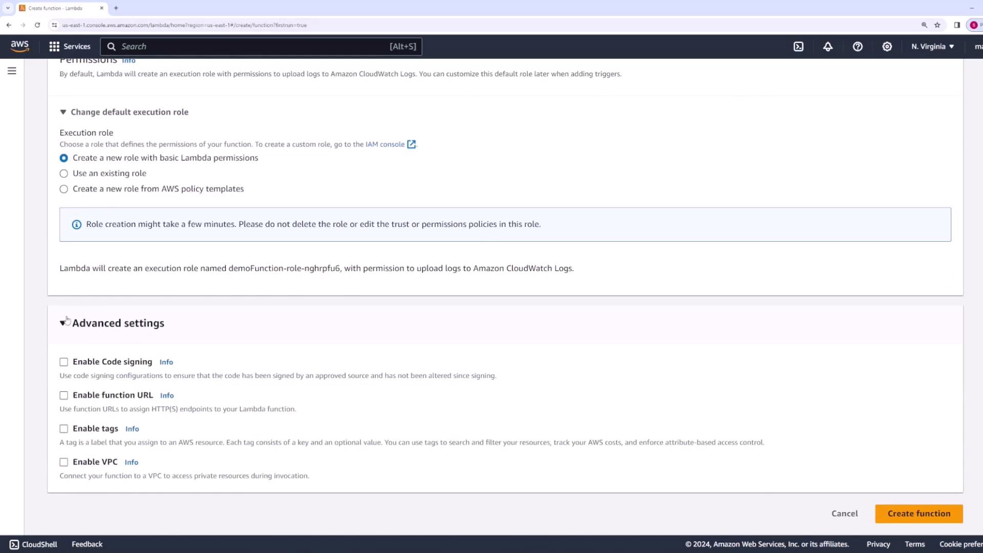 The image shows the AWS Lambda console where a user is setting permissions and advanced settings for creating a new function. Options for execution roles and advanced settings like code signing and VPC are visible.