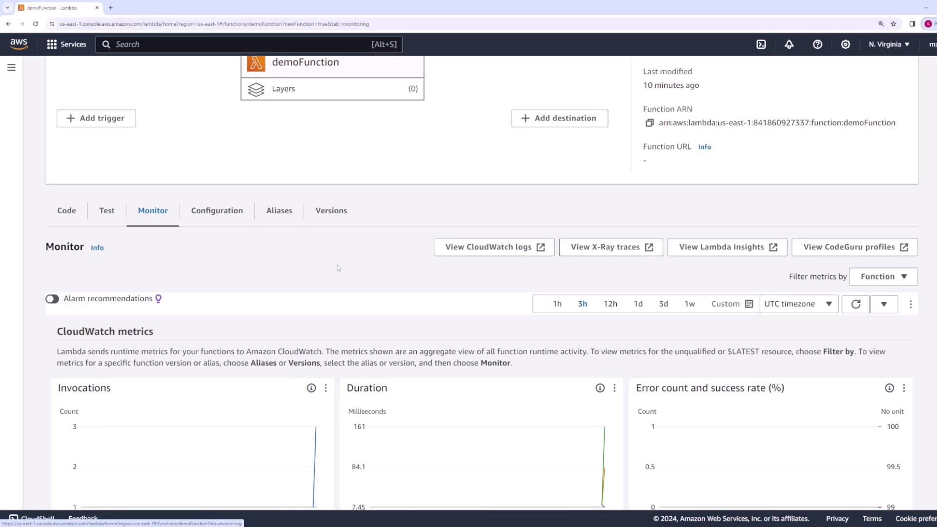 The image shows the AWS Lambda console, specifically the monitoring tab for a function named "demoFunction," displaying CloudWatch metrics such as invocations, duration, and error count.