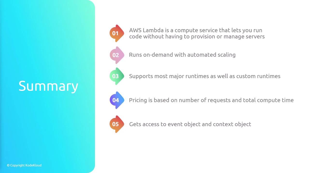The image is a summary of AWS Lambda features, highlighting its serverless compute service, on-demand scaling, runtime support, pricing model, and access to event and context objects.