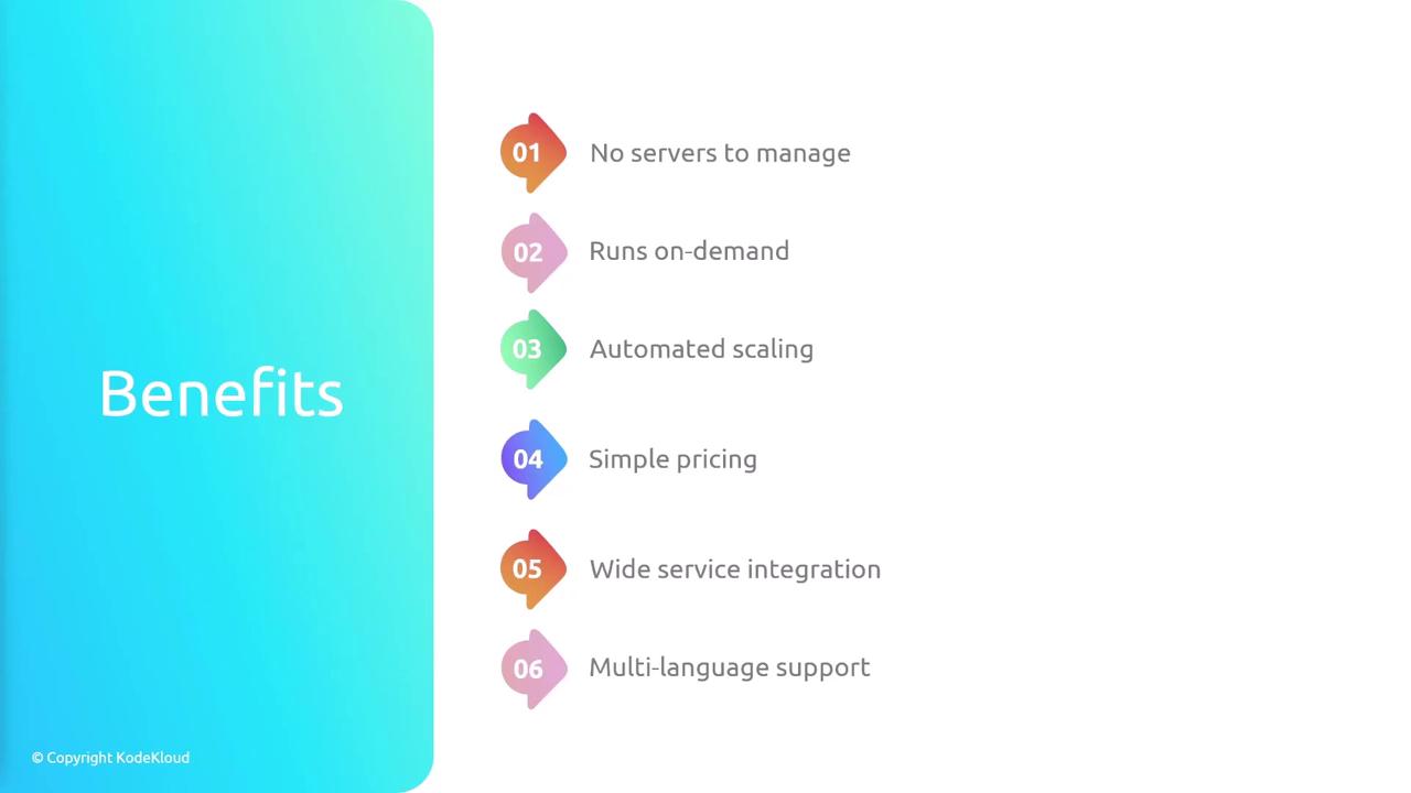 The image lists six benefits of a service, including no server management, on-demand operation, automated scaling, simple pricing, wide service integration, and multi-language support.