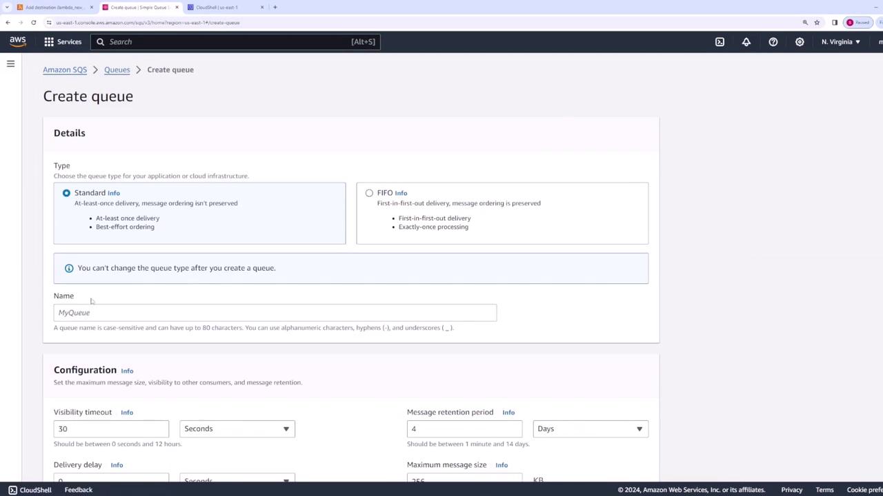 The image shows the "Create queue" page in the Amazon SQS (Simple Queue Service) interface, where users can configure queue details such as type, name, and message settings.