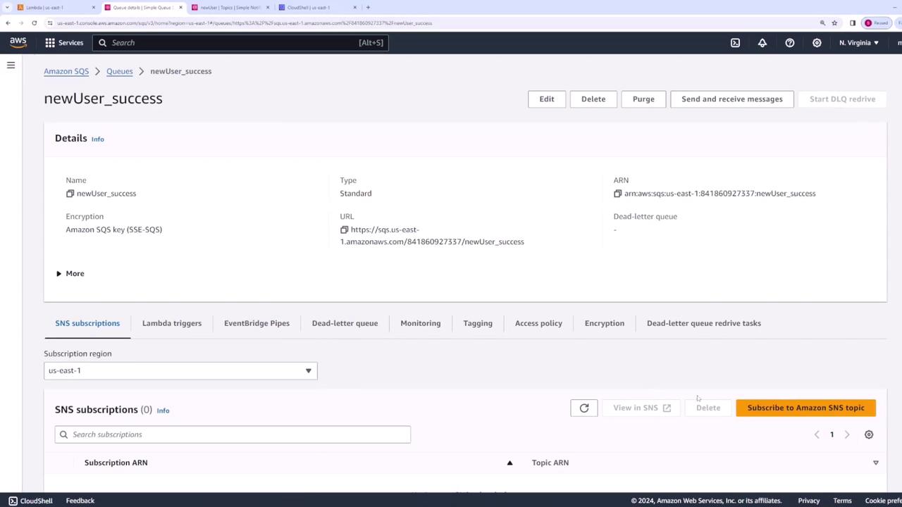 The image shows an Amazon SQS queue details page for a queue named "newUser_success" in the AWS Management Console. It includes information such as the queue type, URL, ARN, and encryption details.