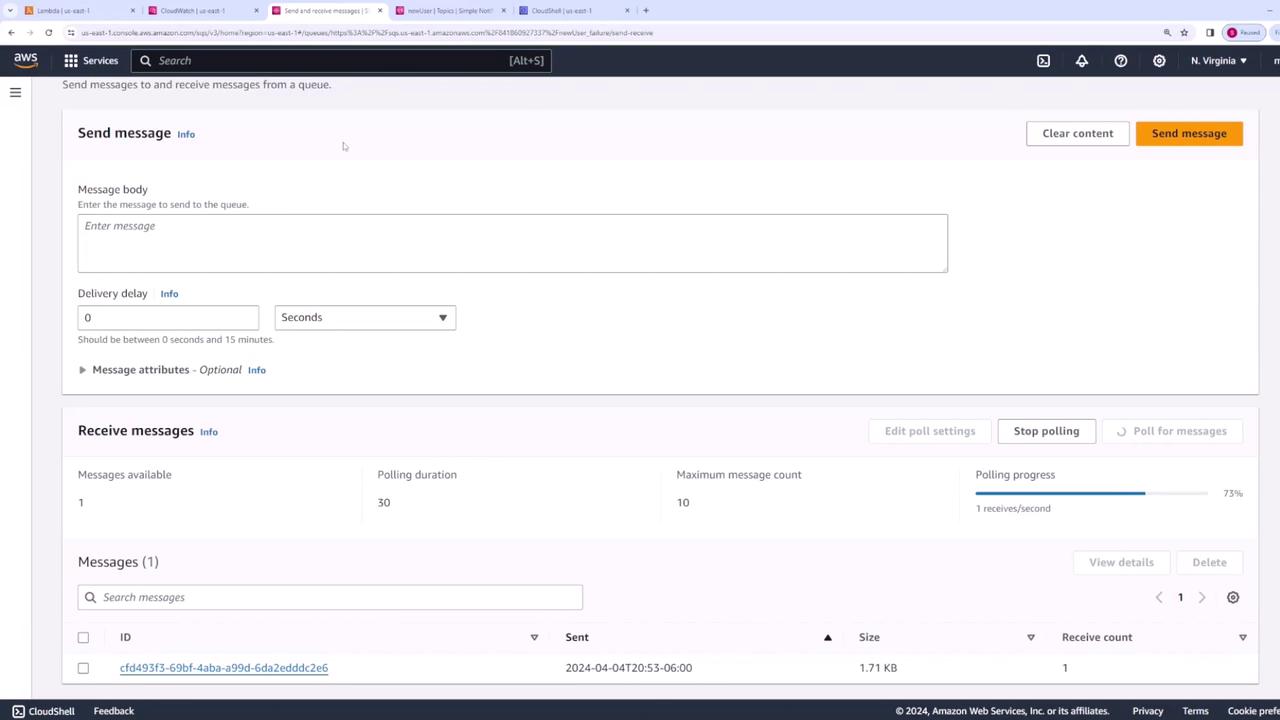 The image shows an AWS console interface for sending and receiving messages from a queue. It includes sections for entering a message, setting delivery delay, and viewing received messages with details like message ID and size.